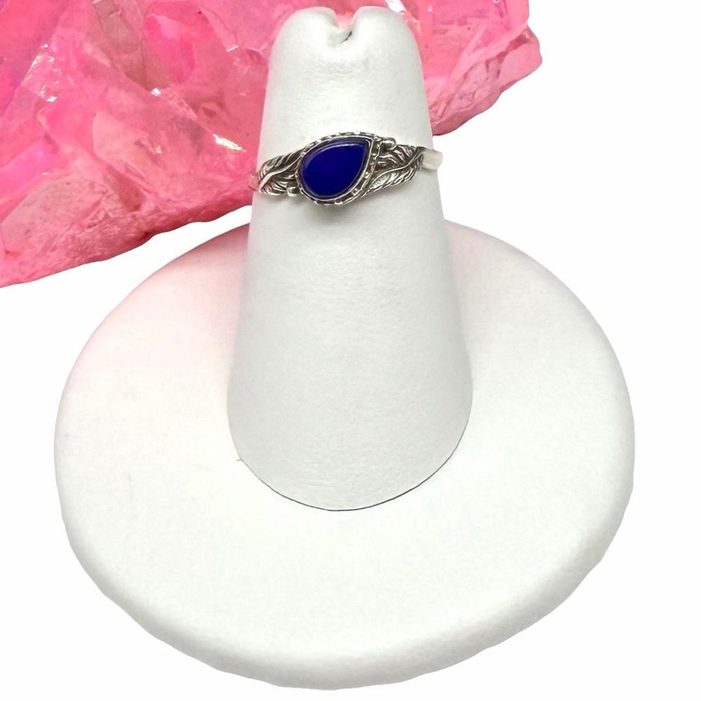 Lapis Lazuli Ring Size 5 Solid 925 Sterling Silver Dainty Etched Leaf